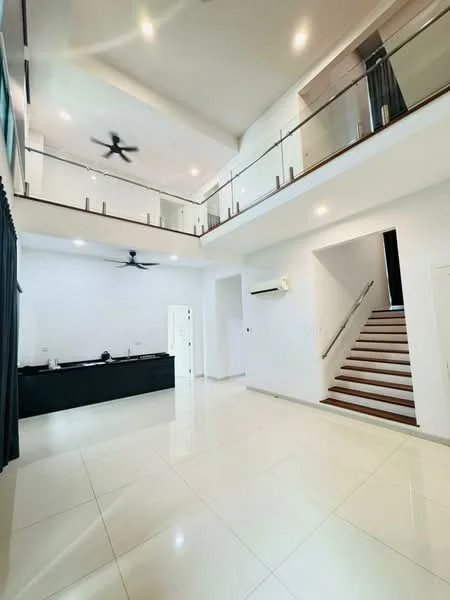 Living features: white painted walls, polished ceramic tile flooring, 5-blade ceiling fan with light, recessed downlights, black kitchen island, stainless-steel sink, sliding glass door, staircase with wooden steps, glass railing, curtains, air conditioning unit; style: modern.