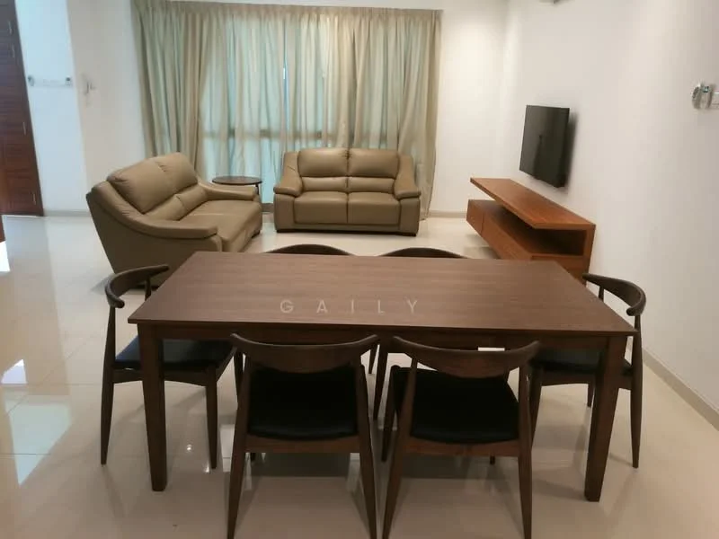 Living features: 2-seater fabric sofa in beige, 3-seater leather sofa in light brown, wooden TV console, wall-mounted TV, dining table with 6 chairs, cream curtains, white painted walls, glossy tile flooring, recessed downlights; style: modern.
