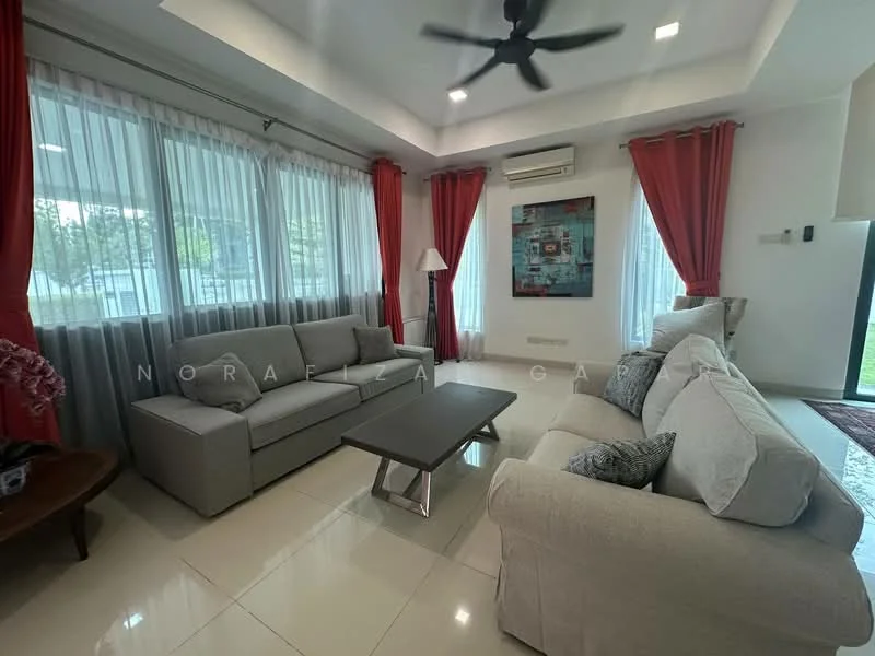Living features: 2-seater fabric sofa in light grey, 3-seater fabric sofa in light grey, coffee table with metal legs, area rug with geometric pattern, floor-to-ceiling windows, sheer curtains, red drapes, ceiling fan with light, wall-mounted air conditioning unit, framed artwork on wall, decorative wall clock; style: modern; view: garden.