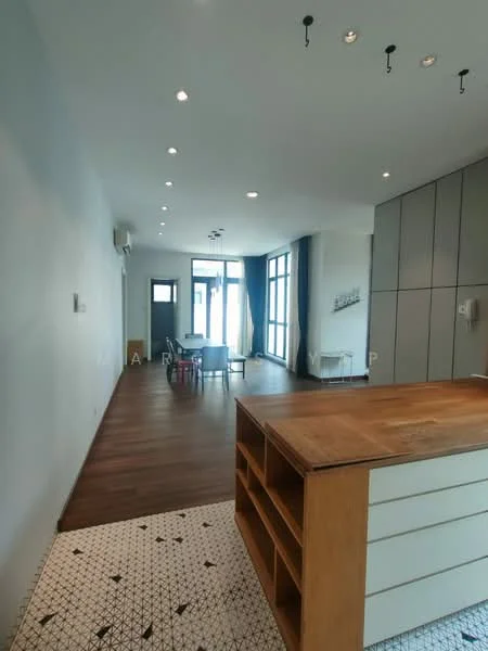 Living features: wooden flooring, white painted walls, recessed downlights, large windows with city view, sliding glass door, open layout, ceiling fan, dining table with chairs, kitchen island with storage, decorative wall paneling; style: modern; view: city.