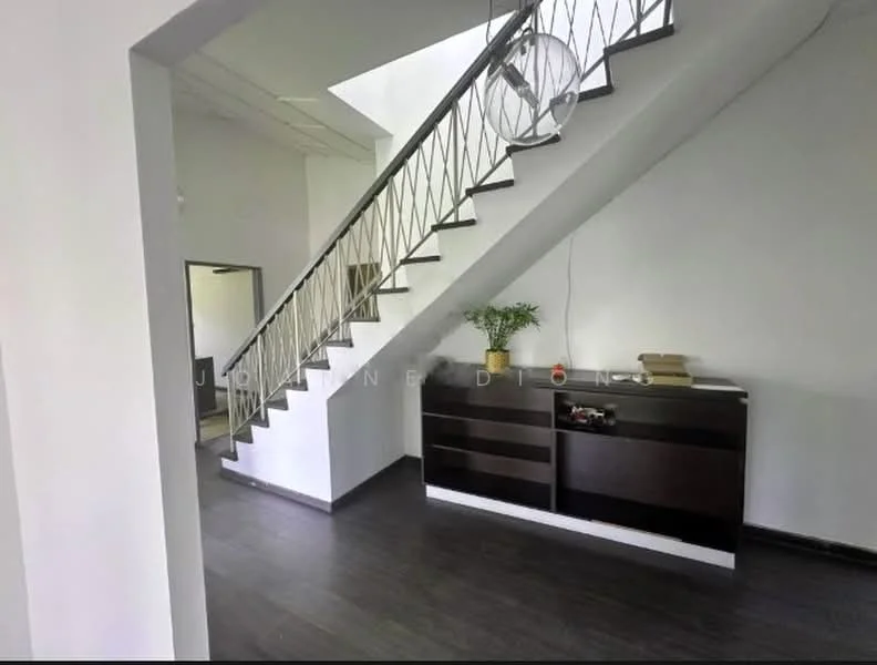 Room features: staircase with metal railing, dark wood flooring, white painted walls, ceiling light fixture, console table with drawers, decorative plant, books on console table; style: modern.