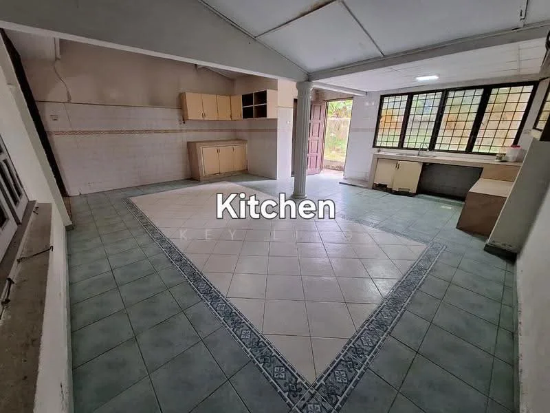 Kitchen features: ceramic tile flooring, white tiled walls, wood cabinetry, counter space, large windows for natural light, double sink, open layout, corner pantry, neutral color scheme, ceiling with exposed beams; view: garden.