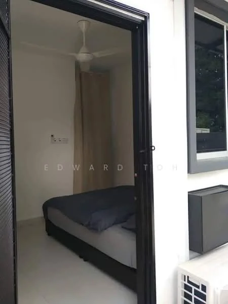 Bedroom features: queen-size bed with grey bedding, white painted walls, light-colored flooring, ceiling fan, window with black frame, curtain for privacy, air conditioning unit, built-in wardrobe; style: modern.