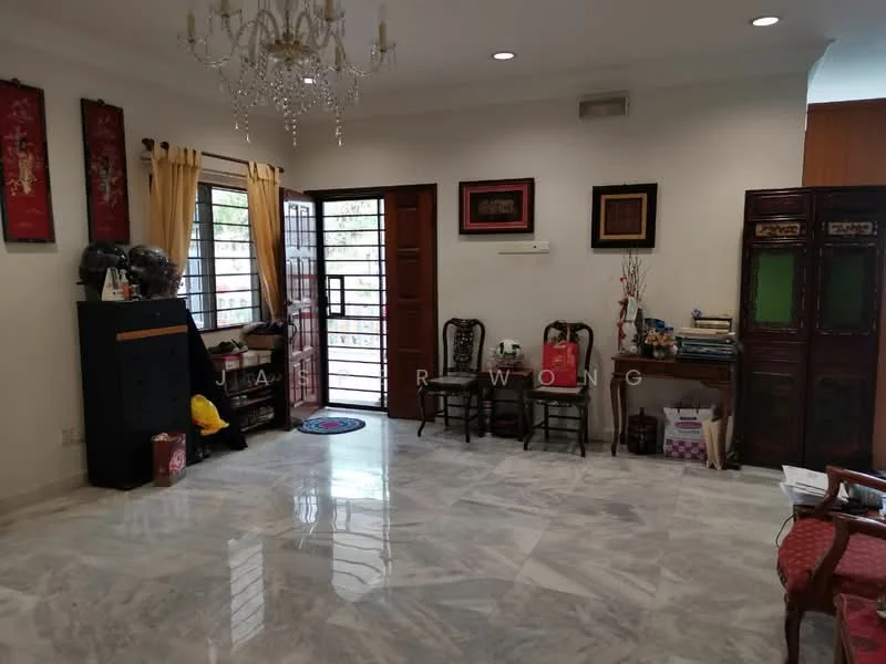 Living features: marble flooring, white painted walls, chandelier, floor-to-ceiling windows, wooden front door, decorative wall art, traditional wooden cabinets, black console table, colorful area rug, curtains, decorative plants, bookshelf; style: traditional.