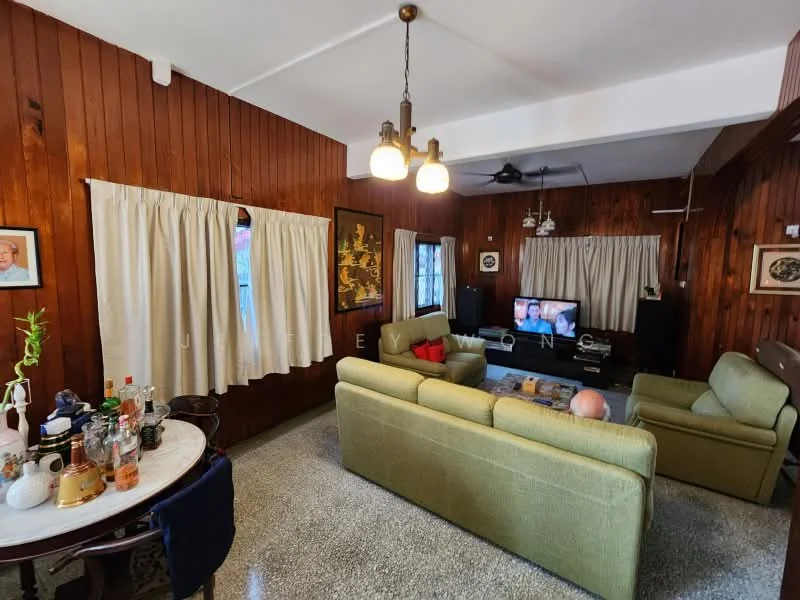 Living features: wood panelled walls, grey terrazzo flooring, 2-seater green fabric sofa, 3-seater green fabric sofa, coffee table with marble top, TV console, wall-mounted TV, ceiling fan, 2 pendant lights, curtains, decorative artwork, area rug; style: traditional.