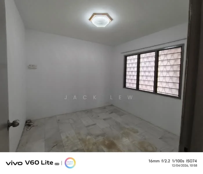 Room features: white painted walls, marble flooring, ceiling light fixture, sliding windows with grid pattern, no visible furniture, empty room, neutral color scheme; style: minimalist.