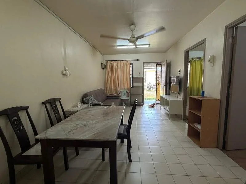 Living features: ceiling fan, dining table with marble top, 4 dining chairs, light-colored walls, tile flooring, sliding glass door, curtains, TV console, wooden shelving unit; view: garden.