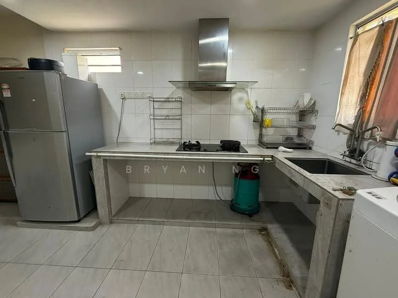 Kitchen features: stainless-steel fridge, built-in oven, 4-burner gas hob, single-bowl stainless-steel sink, chrome pull-down faucet, white tiled walls, grey tiled flooring, open shelving, exhaust hood, metal rack for utensils, window with sheer curtains, washing machine; style: modern.