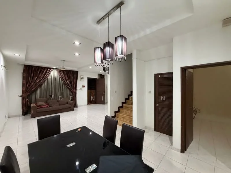 Dining features: black dining table, 6 black upholstered dining chairs, chandelier with 3 pendant lights, white tiled flooring, recessed downlights, curtains with a dark pattern, sofa in living area visible, staircase leading to upper floor, wall-mounted air conditioning unit; style: modern. Living features: brown fabric sofa, decorative cushions, white walls, dark wood door, staircase visible, recessed lighting; style: modern. Room features: white walls, doorway leading to another room.