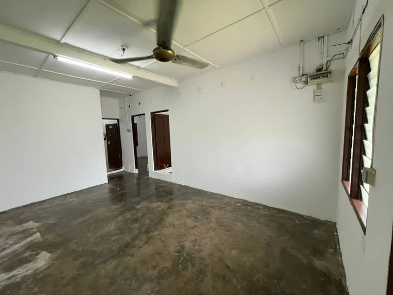Room features: white painted walls, concrete flooring, ceiling fan, multiple doorways, windows with wooden frames, plain ceiling, no visible furniture; style: minimalist.
