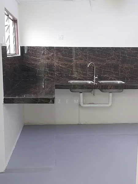 Kitchen features: double-bowl stainless-steel sink, chrome pull-down faucet, black marble countertop, white walls, grey vinyl flooring, window with natural light; style: modern.
