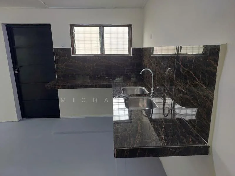 Kitchen features: double-bowl stainless-steel sink, chrome pull-down faucet, black marble countertop, black marble backsplash, white painted walls, grey vinyl flooring, window with grid pattern, built-in cabinetry, open shelving, kitchen island with seating; style: modern.