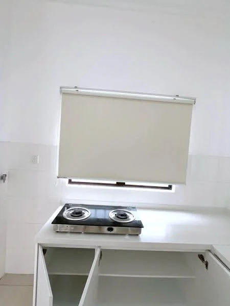 Kitchen features: white walls, white cabinetry, gas stove with two burners, roller blinds, countertop, open shelving, tile flooring; style: modern.