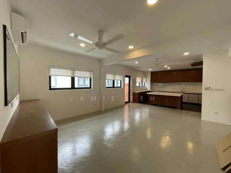 Living features: white painted walls, polished concrete flooring, 5-blade ceiling fan, recessed downlights, floor-to-ceiling windows, TV console, wall-mounted TV, open layout to kitchen, air conditioning unit; style: modern. Kitchen features: wood cabinetry, white tiled backsplash, countertop with overhang, built-in oven, freestanding range oven, stainless-steel sink, chrome pull-down faucet; style: modern.