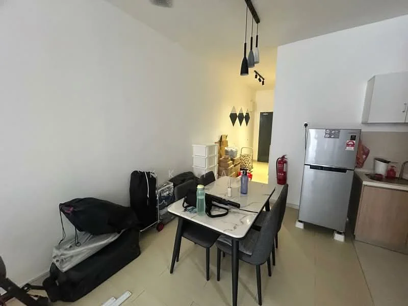 Dining features: 4-seater dining table, grey upholstered dining chairs, stainless-steel fridge, white cabinetry, light wood cabinetry, kitchen countertop, pendant lighting, white painted walls, tile flooring, fire extinguisher, storage boxes, luggage cart; style: modern.