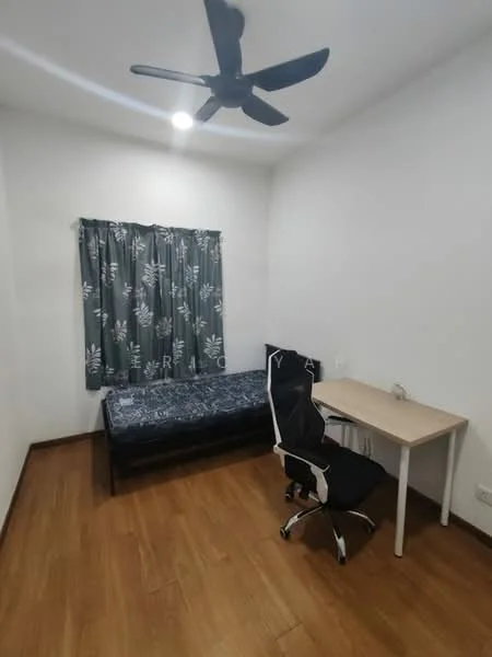 Bedroom features: single bed, wooden flooring, white painted walls, ceiling fan, desk, office chair, curtains with floral pattern, window; style: modern.