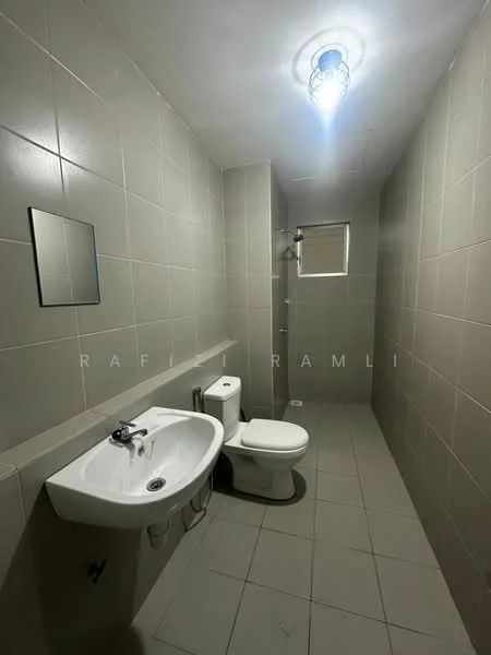 Bathroom features: white wall tiles, grey floor tiles, single-sink vanity with wall-mounted faucet, framed mirror, one-piece toilet, shower area with wall-mounted shower head, window for natural light, ceiling light fixture; style: modern.