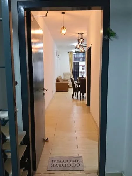 Room features: tiled flooring, white painted walls, ceiling with pendant lights, air conditioning unit, door with modern handle, welcome mat, open layout, large window with curtains, sofa visible in background, dining table visible in background; style: modern.