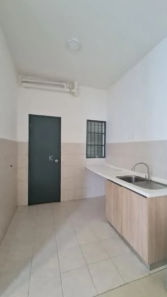 Kitchen features: single-bowl stainless-steel sink, chrome pull-down faucet, laminate countertop, wood cabinetry, cream tiled walls, light-colored floor tiles, exposed pipe, window with metal grille, door with handle, wall-mounted light fixture; style: modern.