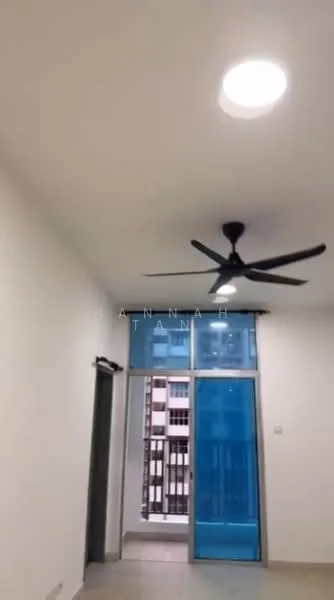 Room features: white painted walls, recessed downlights, 5-blade ceiling fan, floor-to-ceiling windows, sliding glass door, grey tiled flooring; style: modern; view: city.