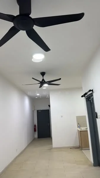 Room features: white painted walls, dropped ceiling, 2 ceiling fans, recessed LED downlights, tiled flooring, kitchenette area with cabinetry, fire extinguisher on wall, doorway leading to another room; style: modern.