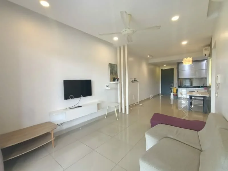 Living features: light grey painted walls, white ceiling, recessed downlights, 5-blade ceiling fan, large flat-screen TV mounted on wall, white TV console, light grey tiled flooring, sofa in light grey fabric, purple accent chair, open layout to kitchen, dining area visible in background; style: modern.