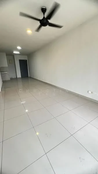 Room features: white painted walls, glossy ceramic tile flooring, 5-blade ceiling fan, recessed downlights, single door, open layout, no visible furniture, neutral color scheme; style: modern.