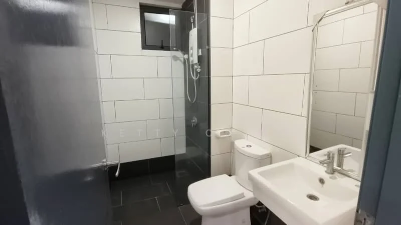 Bathroom features: white tiled walls, black tile flooring, walk-in shower with glass enclosure, rain shower head, handheld shower, single-sink vanity with chrome faucet, framed mirror, one-piece toilet, window for natural light; style: modern.