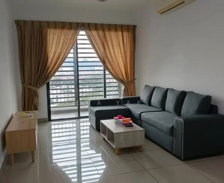 Living features: grey fabric sectional sofa, coffee table with white top, light wood TV console, floor-to-ceiling windows, sheer curtains, drapes in beige, glossy tile flooring, wall-mounted air conditioning unit; style: modern; view: city.