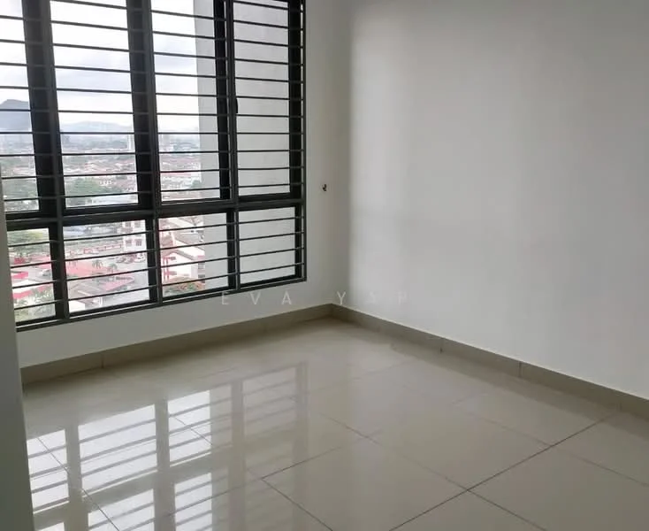 Room features: large floor-to-ceiling windows, white painted walls, glossy ceramic tile flooring, mountain view, city view, horizontal metal window grills, neutral color scheme, bright natural light; style: modern; view: city.