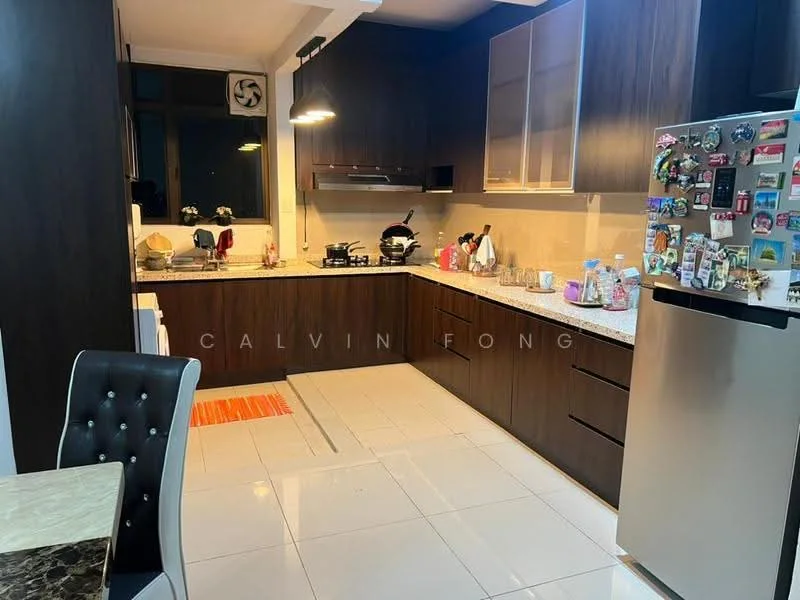 Kitchen features: dark wood cabinetry, granite countertop, stainless-steel fridge, built-in oven, 4-burner gas hob, stainless-steel range hood, double-bowl stainless-steel sink, chrome pull-down faucet, white tiled backsplash, white ceramic tile flooring, wall-mounted cabinets, kitchen utensils and appliances on countertop, decorative magnets on fridge; style: modern.