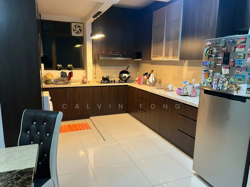 Kitchen features: granite countertop, dark wood cabinetry, stainless-steel fridge, built-in oven, freestanding gas range, single-bowl stainless-steel sink, chrome pull-down faucet, tile backsplash, white ceramic tile flooring, recessed downlights, window with view, kitchen island, decorative magnets on fridge; style: modern.