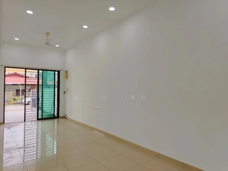 Room features: white painted walls, glossy beige tile flooring, recessed downlights, 1 ceiling fan, sliding glass door, large window, open layout, no visible furniture; style: modern; view: street.