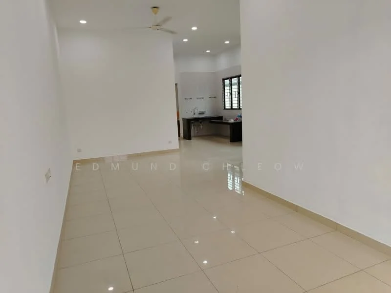 Room features: white painted walls, glossy beige tile flooring, ceiling fan, large windows, open layout, kitchen area visible in background, natural light, neutral color scheme; style: modern.