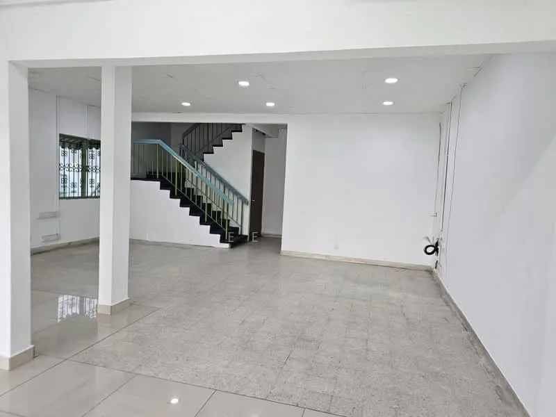 Room features: white painted walls, tile flooring, recessed LED downlights, staircase with green railing, large windows, open layout, high ceiling, neutral color scheme; style: modern.