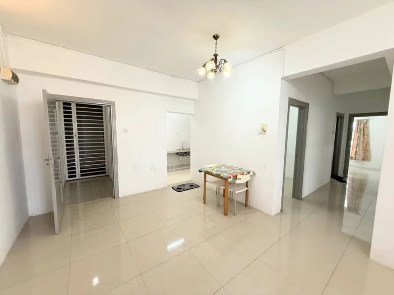 Living features: white painted walls, glossy tile flooring, ceiling light fixture with multiple bulbs, dining table with chairs, open layout, doorway leading to another room, doorway leading to bathroom, window with sheer curtains; style: modern. Room features: white painted walls, glossy tile flooring, doorway leading to bathroom, doorway leading to another room, window with sheer curtains.