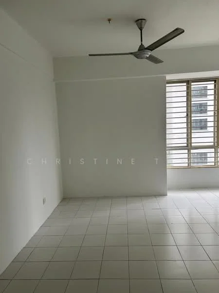 Room features: white painted walls, white tiled flooring, 5-blade ceiling fan, sliding windows with metal grilles, natural light from window.
