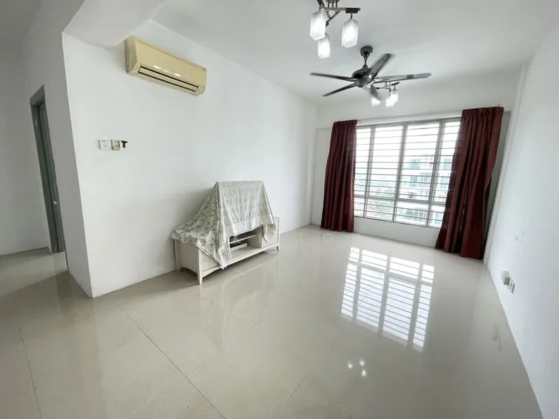 Living features: white painted walls, glossy tile flooring, 5-blade ceiling fan with light, wall-mounted air conditioning unit, large window with city view, red curtains, white console table, decorative throw blanket; style: modern; view: city.