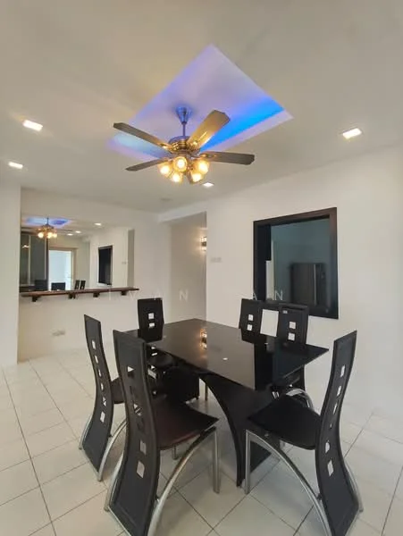 Dining features: black dining table, 6 upholstered dining chairs, 5-blade ceiling fan with integrated LED light, recessed ceiling lights, white painted walls, tile flooring, open layout to living area, window with black frame; style: modern.