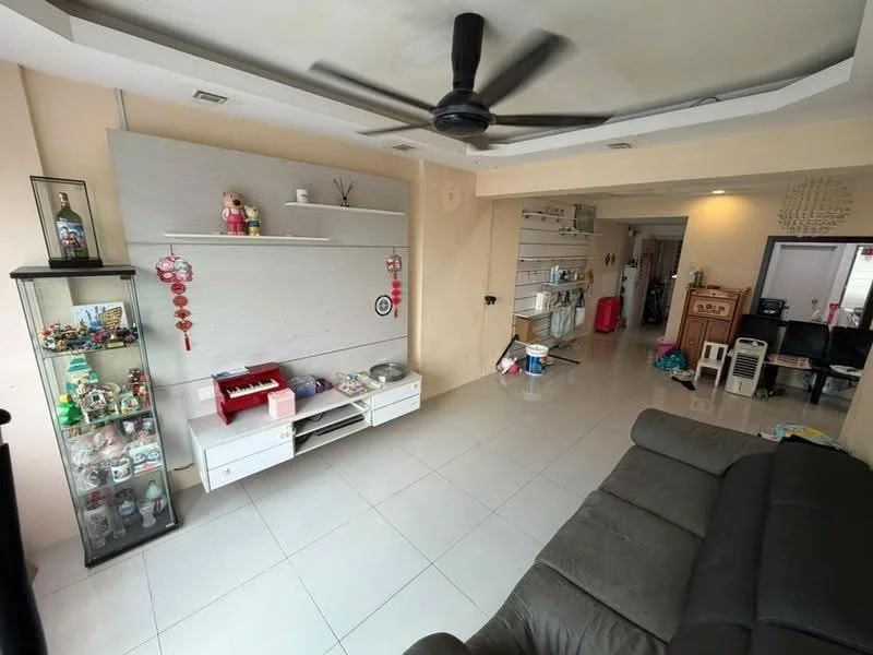 Living features: grey fabric sofa, ceiling fan, white tiled flooring, wall-mounted TV unit, decorative wall shelf, display cabinet, decorative items on shelf, red and white wall decorations, open layout to adjacent room, light-colored walls, recessed lighting; style: modern.