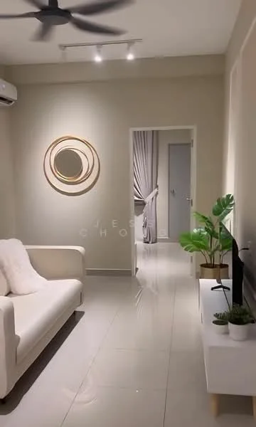Living features: 3-seater fabric sofa in white, wall-mounted TV, white TV console, decorative plant in ceramic pot, round wall decor with three rings, grey curtains, wall-mounted air conditioning unit, glossy tile flooring, neutral painted walls, ceiling fan; style: modern. Room features: doorway leading to another room, curtains.