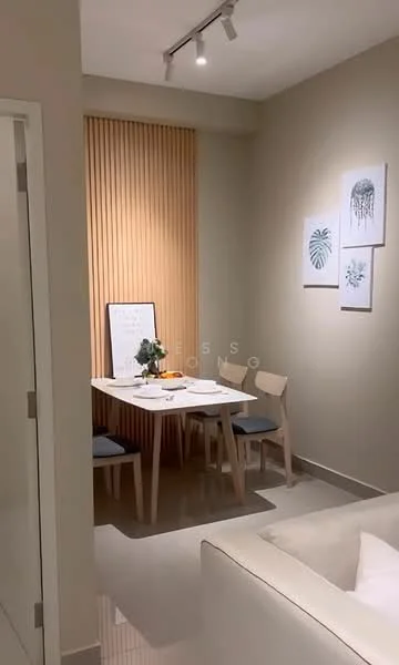 Dining features: light wood dining table, 4 dining chairs in light wood, decorative wall with vertical wood slats, framed botanical artwork on wall, neutral painted walls, recessed ceiling lights, ceramic vase with flowers on table, white table setting; style: modern. Room features: white sofa, glossy tile flooring, open layout.
