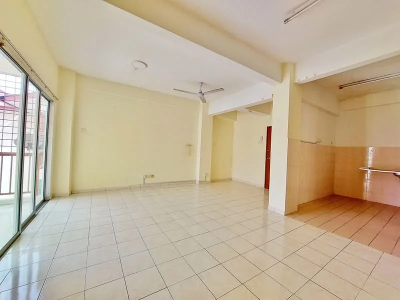Living features: cream painted walls, white ceiling, tile flooring, 5-blade ceiling fan, sliding glass door, floor-to-ceiling windows, natural light, open layout. Kitchen features: tile flooring, wall-mounted cabinets, countertop, sink, kitchen area adjacent to living.