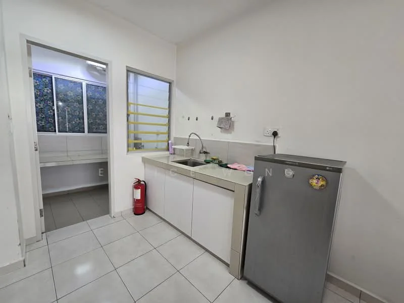 Kitchen features: single-bowl stainless-steel sink, chrome pull-down faucet, grey laminate countertop, white flat-panel cabinets, stainless-steel fridge, ceramic tile flooring, white painted walls, window with sheer curtains, fire extinguisher, wall-mounted backsplash; style: modern.
