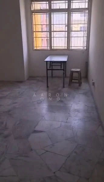 Room features: marble flooring, white painted walls, large windows, wooden table, wooden stool, natural light, corner room; style: minimalist; view: city.
