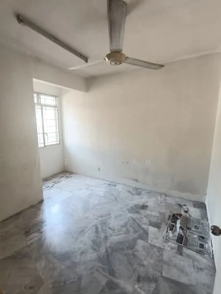 Room features: white painted walls, marble flooring, ceiling fan, window with grid pattern, unfurnished space.