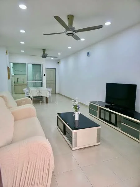Living features: 3-seater fabric sofa in cream, coffee table with black top and white base, wall-mounted TV, TV console with storage, 5-blade ceiling fan, recessed LED downlights, cream painted walls, tile flooring, open layout to kitchen, decorative vase with flowers; style: modern. Kitchen features: open kitchen layout, white cabinetry, stainless-steel sink, countertop with space for dining, tile flooring; style: modern.