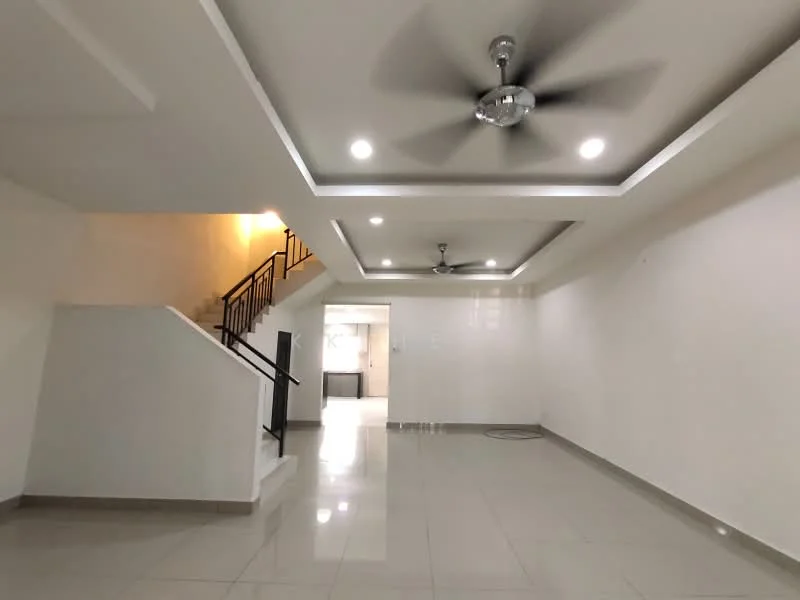 Living features: white painted walls, polished tile flooring, tray ceiling with recessed lighting, 5-blade ceiling fan with light, wall-mounted light fixtures, open layout, staircase with black railing, neutral color scheme; style: modern.