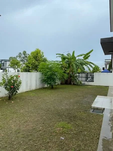 Exterior features: manicured lawn, tropical landscaping, palm trees, flowering shrubs, white painted fence, paved walkway, garden area, surrounded by greenery; style: modern.