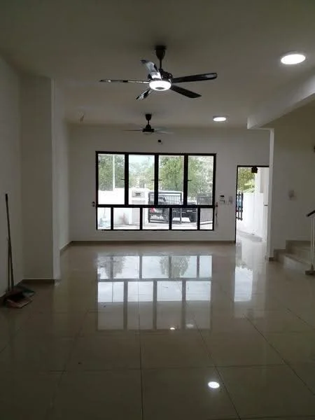 Living features: white painted walls, polished ceramic tile flooring, 5-blade ceiling fan with light, recessed downlights, large floor-to-ceiling windows, sliding glass door, view of outdoor terrace, open layout; style: modern; view: garden.